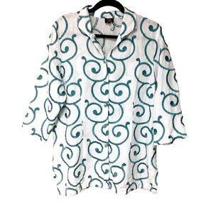 Connie Roberson Linen Jacket Tunic Top Women's XL Blue White 3/4 Abstract Scroll